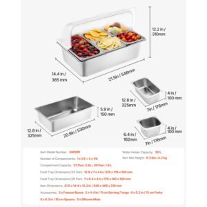 countertop food serving display container, 5 pan stainless steel food serving tray, buffet condiment dispenser display rack with clear lid & 3 freezer boxes, for restaurant hotel kitchen party