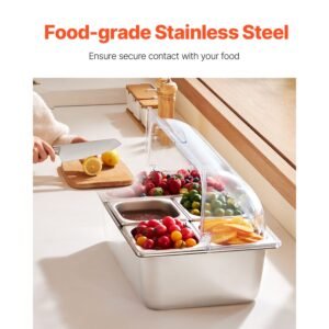 countertop food serving display container, 5 pan stainless steel food serving tray, buffet condiment dispenser display rack with clear lid & 3 freezer boxes, for restaurant hotel kitchen party