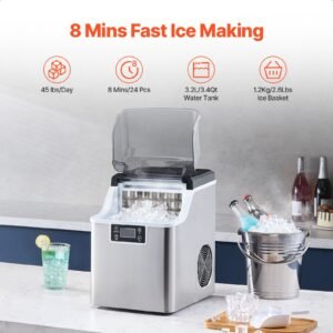 countertop ice maker, 24 cubes ready in 15 mins, 45lbs in 24hrs, self cleaning portable ice maker with ice scoop and basket, ice machine with 3 sizes ice cube for home kitchen office party