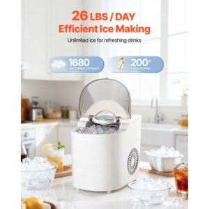 countertop ice maker, 7 cubes ready in 6 mins, 26 lbs per day, self cleaning portable machine with ice scoop, ice making machine with 2 sizes bullet ices for home, kitchen, office, bar & party
