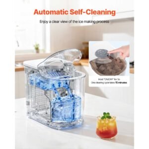 countertop ice maker, 7 cubes ready in 6 mins, 26 lbs per day, self cleaning portable machine with ice scoop, ice making machine with 2 sizes bullet ices for home, kitchen, office, bar & party