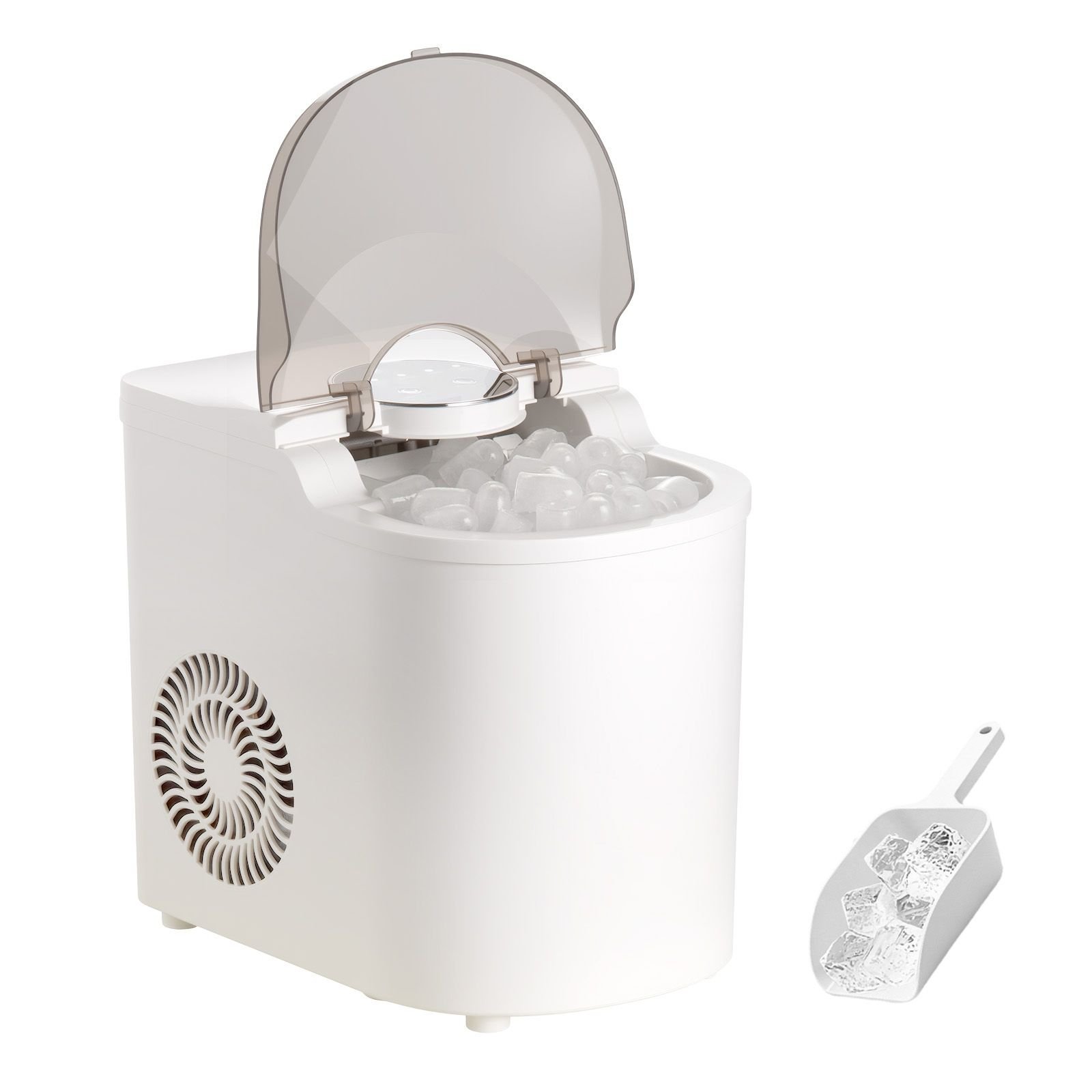 countertop ice maker, 7 cubes ready in 6 mins, 26 lbs per day, self cleaning portable machine with ice scoop, ice making machine with 2 sizes bullet ices for home, kitchen, office, bar & party