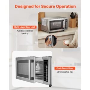 countertop microwave oven, 0.9 cu ft, 1000w digital stainless steel microwave oven with touchscreen, 10 cooking presets, 5 power levels, multi lock door & easy clean interior for commercial use
