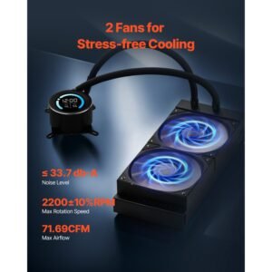 CPU Liquid Cooler, AIO CPU Water Cooler - 120mm PWN Fans, Pump, 1.8'' Display, Max. 2200RPM CPU Cooling Fan, Efficient Black PC Water Cooler for Intel 115X/1366/2011/1700/1200, AMD AM4/AM5