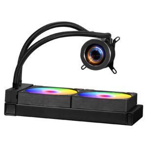 cpu liquid cooler, aio cpu water cooler 120mm pwn fans & pump, customizable black pc liquid cooler with 2.1'' lcd display & argb light, for intel 115x/1366/2011/1700/1200, amd am4/am5