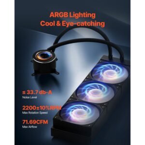 cpu liquid cooler, aio cpu water cooler 3 x 120mm pwn fans & pump, customizable black pc liquid cooler with 2.1'' lcd display & argb light, for intel 115x/1366/2011/1700/1200, amd am4/am5
