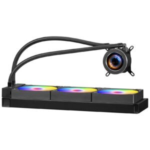 cpu liquid cooler, aio cpu water cooler 3 x 120mm pwn fans & pump, customizable black pc liquid cooler with 2.1'' lcd display & argb light, for intel 115x/1366/2011/1700/1200, amd am4/am5