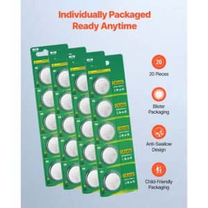 cr2450 lithium battery, 20 count (pack of 4) lithium coin battery, non mercury and anti swallow designed, long lasting 3v cr 2450 cell batteries, for key fobs, glucometers, and other devices