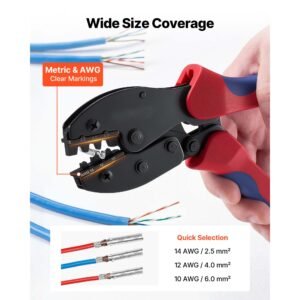 crimping tool, 14 10 awg ratcheting solar connector crimper tool kit, clear metric & awg markings, with 10 pairs solar connectors, 10 pairs of cable connectors, wrenches, and a storage case