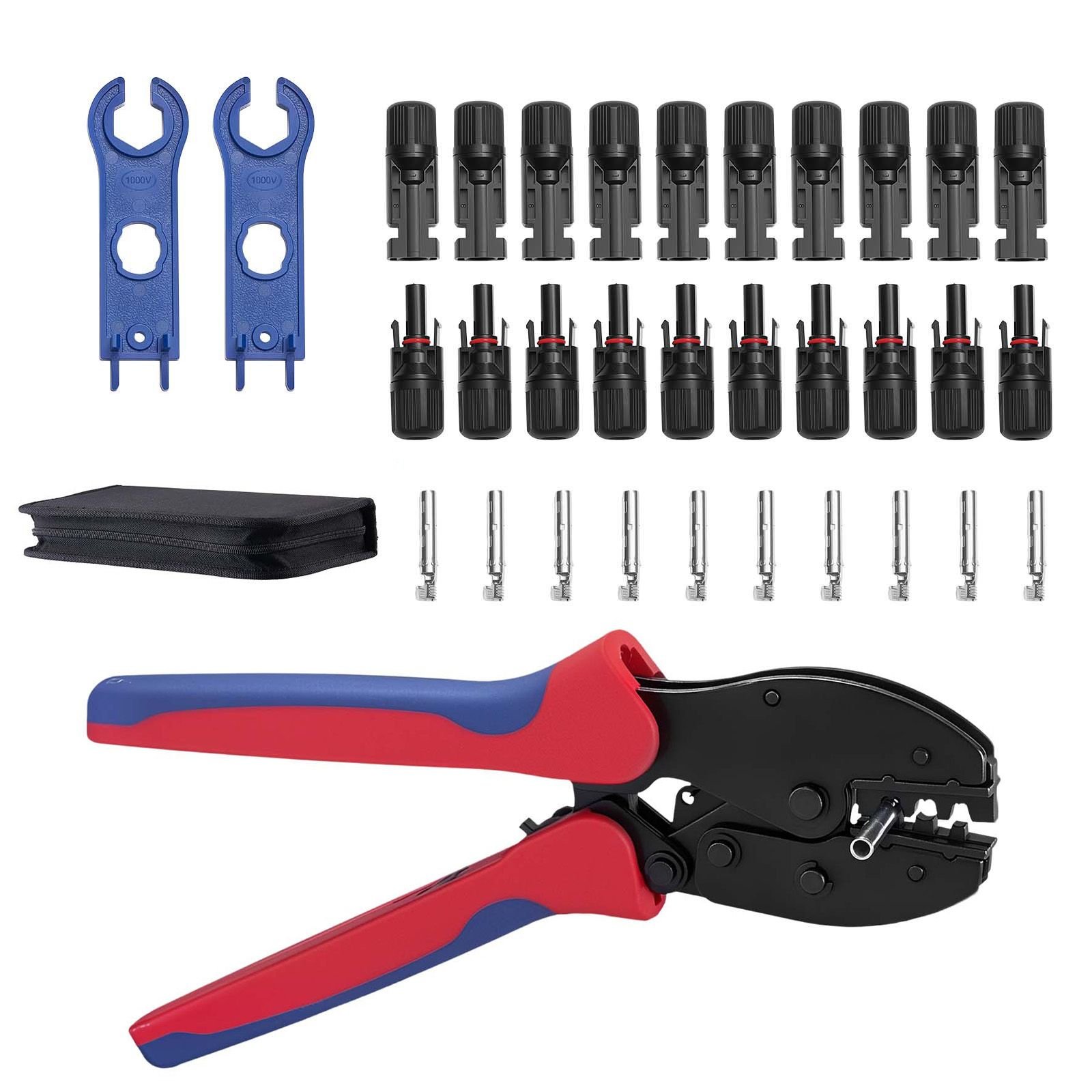 crimping tool, 14 10 awg ratcheting solar connector crimper tool kit, clear metric & awg markings, with 10 pairs solar connectors, 10 pairs of cable connectors, wrenches, and a storage case