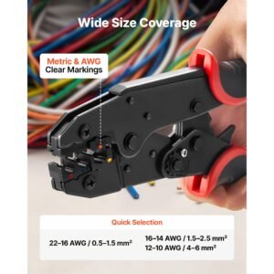 crimping tool, 22 10 awg ratcheting wire crimper tool, labor saving electrical terminal crimp pliers with clear metric & awg markings, quick release, adjustable force for multiple terminals