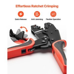crimping tool, 22 10 awg ratcheting wire crimper tool, labor saving electrical terminal crimp pliers with clear metric & awg markings, quick release, adjustable force for multiple terminals