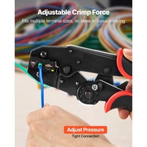 crimping tool, 22 10 awg ratcheting wire crimper tool, labor saving electrical terminal crimp pliers with clear metric & awg markings, quick release, adjustable force for multiple terminals