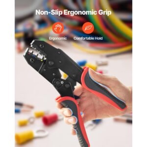 crimping tool, 22 10 awg ratcheting wire crimper tool, labor saving electrical terminal crimp pliers with clear metric & awg markings, quick release, adjustable force for multiple terminals