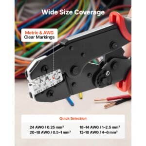 crimping tool, 24 10 awg ratcheting wire crimper tool, labor saving electrical terminal crimp pliers with clear metric & awg markings, quick release, adjustable pressure for multiple terminals