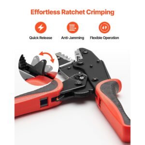 crimping tool, 24 10 awg ratcheting wire crimper tool, labor saving electrical terminal crimp pliers with clear metric & awg markings, quick release, adjustable pressure for multiple terminals