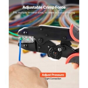 crimping tool, 24 10 awg ratcheting wire crimper tool, labor saving electrical terminal crimp pliers with clear metric & awg markings, quick release, adjustable pressure for multiple terminals