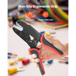 crimping tool, 24 10 awg ratcheting wire crimper tool, labor saving electrical terminal crimp pliers with clear metric & awg markings, quick release, adjustable pressure for multiple terminals