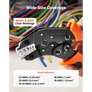 crimping tool, 24 12 awg ratcheting wire crimper tool, labor saving electrical terminal crimp pliers with clear metric & awg markings, quick release, adjustable pressure for multiple terminals