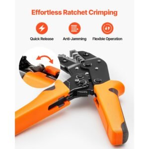 crimping tool, 24 12 awg ratcheting wire crimper tool, labor saving electrical terminal crimp pliers with clear metric & awg markings, quick release, adjustable pressure for multiple terminals