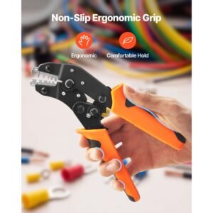 crimping tool, 24 12 awg ratcheting wire crimper tool, labor saving electrical terminal crimp pliers with clear metric & awg markings, quick release, adjustable pressure for multiple terminals