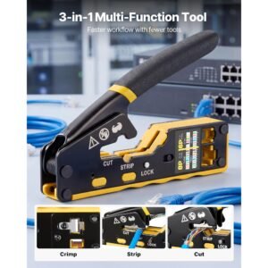 crimping tool, rj45/rj11/rj12 ethernet crimper, crimp tool kit for 4/6/8 pin modular plugs, with mini wire stripper, 50 connectors and 50 boots, replacement blades, and network cable tester