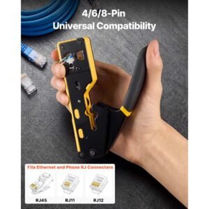 crimping tool, rj45/rj11/rj12 ethernet crimper, crimp tool kit for 4/6/8 pin modular plugs, with mini wire stripper, 50 connectors and 50 boots, replacement blades, and network cable tester
