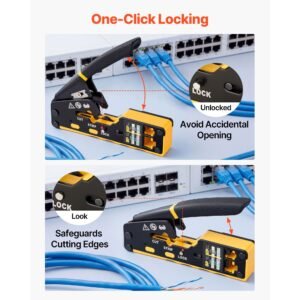 crimping tool, rj45/rj11/rj12 ethernet crimper, crimp tool kit for 4/6/8 pin modular plugs, with mini wire stripper, 50 connectors and 50 boots, replacement blades, and network cable tester