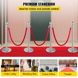 crowd control stanchion, set of 4 pieces silver stanchion set, stanchion set with 5 ft/1.5 m red velvet rope, crowd control barrier