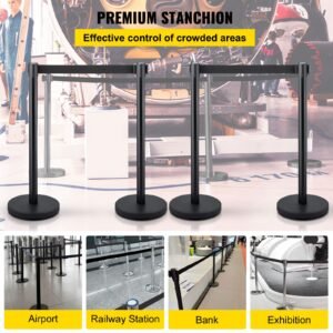 crowd control stanchion, set of 4 pieces stanchion set, stanchion set with 6.6 ft/2 m black retractable belt, black crowd control barrier with concrete and metal base – easy connect assembly