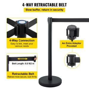 crowd control stanchion, set of 4 pieces stanchion set, stanchion set with 6.6 ft/2 m black retractable belt, black crowd control barrier with concrete and metal base – easy connect assembly