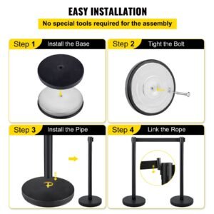 crowd control stanchion, set of 4 pieces stanchion set, stanchion set with 6.6 ft/2 m black retractable belt, black crowd control barrier with concrete and metal base – easy connect assembly