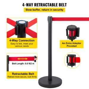 crowd control stanchion, set of 6 pieces stanchion set, stanchion set with 6.6 ft/2 m red retractable belt, crowd control barrier with rubber base – easy connect assembly for crowd control (blac