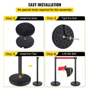 crowd control stanchion, set of 6 pieces stanchion set, stanchion set with 6.6 ft/2 m red retractable belt, crowd control barrier with rubber base – easy connect assembly for crowd control (blac
