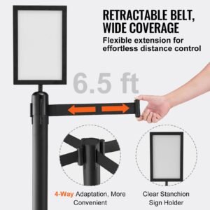 crowd control stanchions, 6 pack crowd control barriers, carbon steel baking painted stanchion queue post with sign holder & 3pcs 6.5ft retractable belt, belt barrier line divider, easy assembly