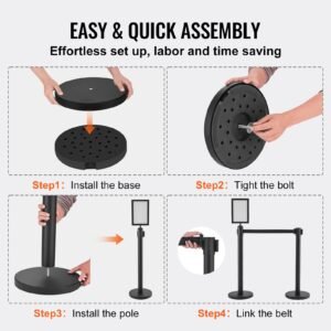 crowd control stanchions, 6 pack crowd control barriers, carbon steel baking painted stanchion queue post with sign holder & 3pcs 6.5ft retractable belt, belt barrier line divider, easy assembly