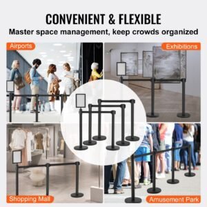 crowd control stanchions, 6 pack crowd control barriers, carbon steel baking painted stanchion queue post with sign holder & 3pcs 6.5ft retractable belt, belt barrier line divider, easy assembly