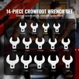 crowfoot wrench set, 1/2" drive 14 piece sae (1 1/16" 2") crows foot wrench set with storage tray, 40cr material with laser etched sizing, for mechanical maintenance or repairs