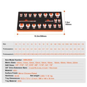 crowfoot wrench set, 3/8" drive 20 piece crows foot wrench set with 2 extension bars and eva tool organizer,40cr material with mirror chrome finish, sae 3/8" 7/8" and metric 10 22 mm,