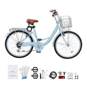 Cruiser Bike, 7-Speed, 26-Inch Light Blue Beach Cruiser Bike with Large Capacity Basket and Rear Rack, Secure & Sturdy Cruiser Bike with Adjustable Seat, Fits for Cycling, Exercise & Shopping