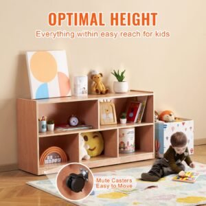 cubby mobile tray storage cabinet, 5 compartment cubby storage shelf, cubby storage cabinet 2 shelf, classroom cubbies, classroom furniture for home, daycare and preschool, natural