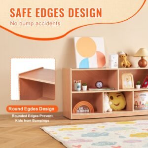 cubby mobile tray storage cabinet, 5 compartment cubby storage shelf, cubby storage cabinet 2 shelf, classroom cubbies, classroom furniture for home, daycare and preschool, natural
