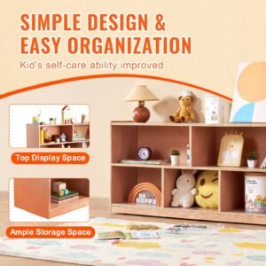 cubby mobile tray storage cabinet, 5 compartment cubby storage shelf, cubby storage cabinet 2 shelf, classroom cubbies, classroom furniture for home, daycare and preschool, natural