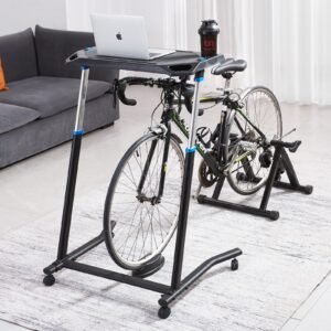 cycling desk, mobile foldable multi functional bike trainer & treadmill desk with lockable wheels, non slip multi slot bike trainer fitness desk with handle bar, fit for home office exercise