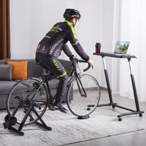 cycling desk, mobile foldable multi functional bike trainer & treadmill desk with lockable wheels, non slip multi slot bike trainer fitness desk with handle bar, fit for home office exercise
