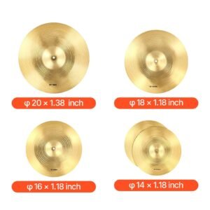cymbal pack, 4 pieces cymbals for drum set, alloy cymbals drum set includes 14 inch hi hats, 16 inch crash, 18 inch crash, 20 inch ride, drumsticks & cymbal bag, alloy cymbal pack for drummer