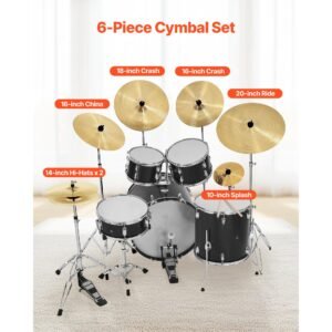 cymbal pack, 6 pieces cymbals for drum set, alloy cymbals drum set includes 14 inch hi hats, 16 inch crash, 18 inch crash, 20 inch ride, 10 inch splash, 16 inch china, drumsticks & cymbal bag