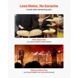 cymbal pack, 6 pieces cymbals for drum set, alloy cymbals drum set includes 14 inch hi hats, 16 inch crash, 18 inch crash, 20 inch ride, 10 inch splash, 16 inch china, drumsticks & cymbal bag