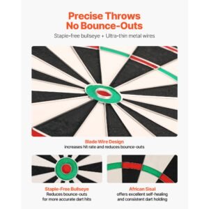 dart board, high grade self healing sisal fiber dartboard with staple free bullseye, blade wire & rotating number ring, 17.7" professional dartboard for home party game room (darts not included)