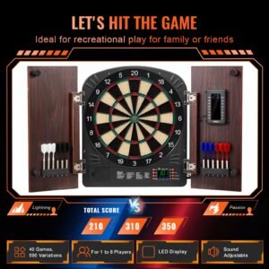 dartboard and cabinet set, ready to play bundle dartboard cabinet set, hideaway cabinet features electronic scoring, easy assembly, complete with all accessories, perfect for cricket games